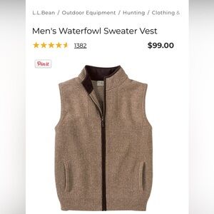 L.L. Bean Waterfowl Sweater Vest in Color Sable (100% wool, Like New)